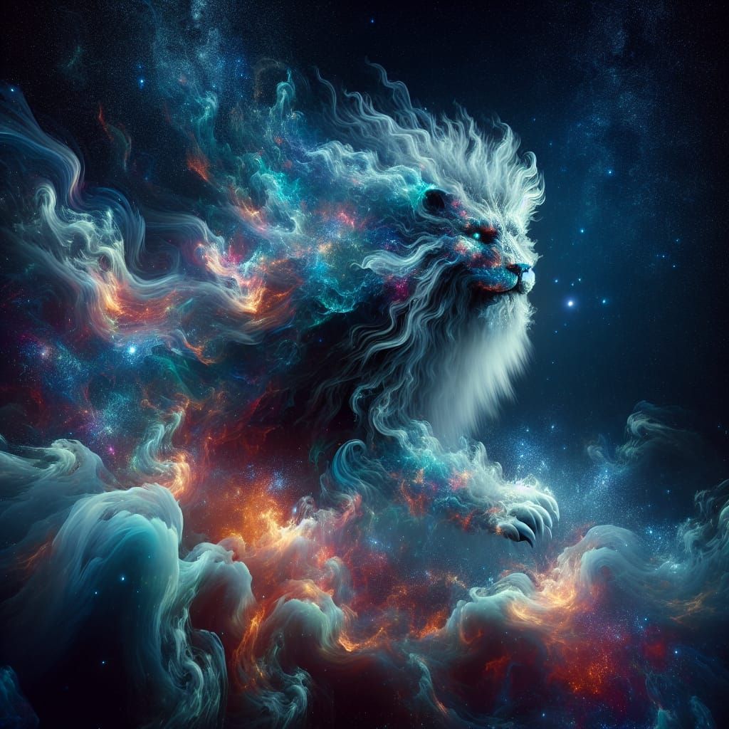 Starry Night Spirit Lion Unfolds Majestic Primal Power