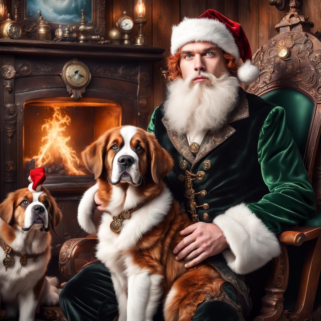 Steampunk Santa Claus with St. Bernard Puppy