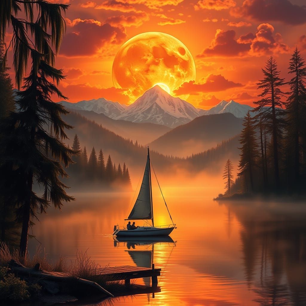 Serene Sailboat on Golden Lake Under Fiery Moon