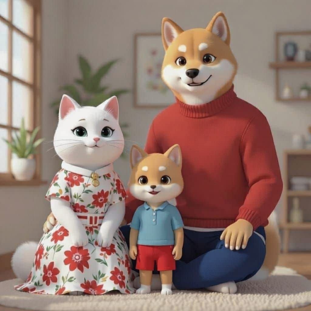 Shiba Dog and Cat Family in Modern Outfits