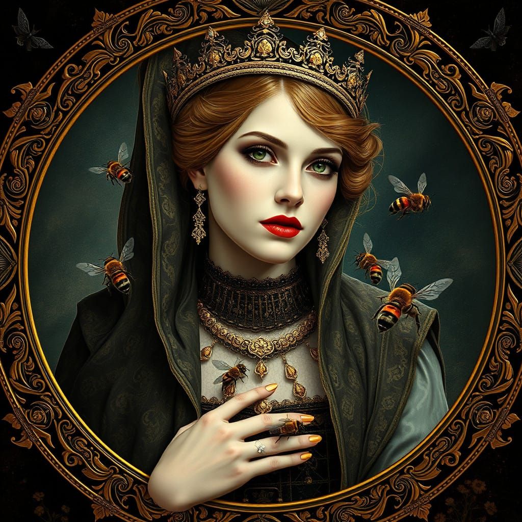 Medieval Queen in an Ornate Beeswarming Frame, in Klimt's St...