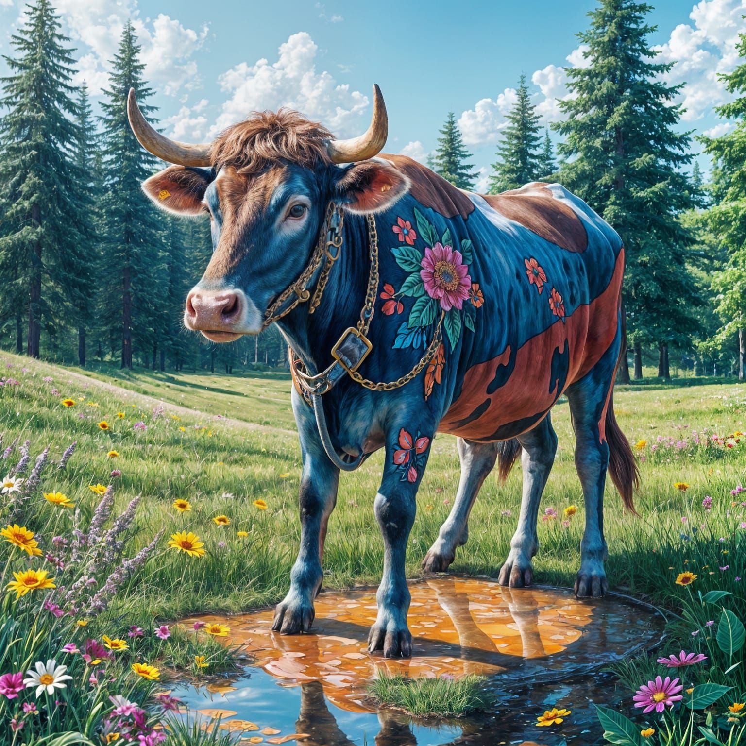 Colorful Cow in Hyperrealistic Style
