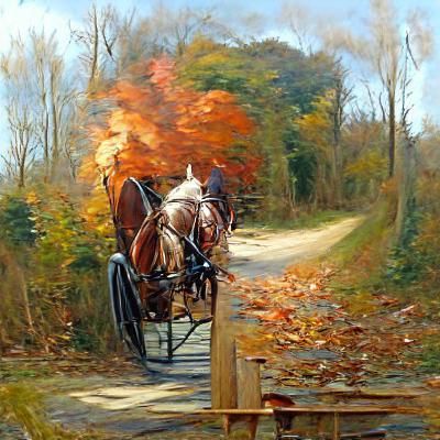 Autumn Horse Buggy Trail in Oil Painting Style