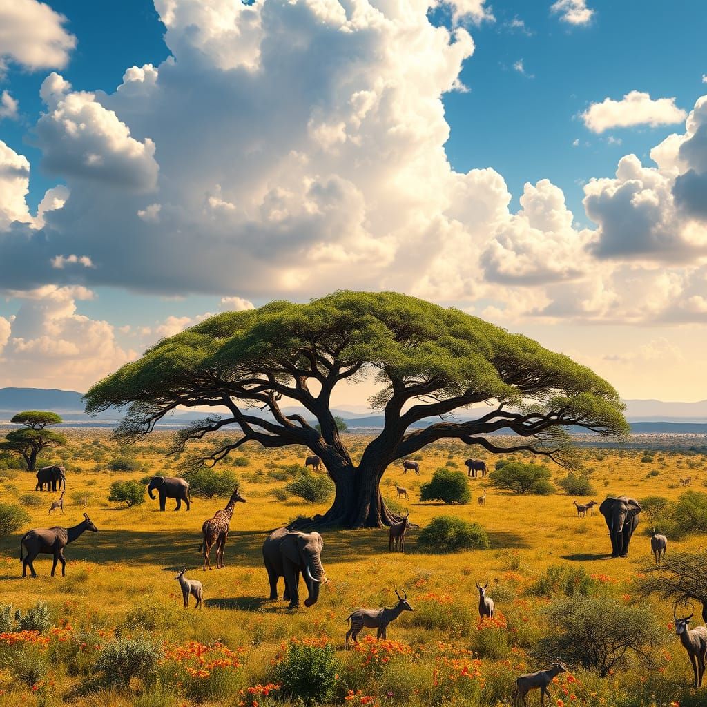 Surreal Savannah Paradise Under Vibrant Skies