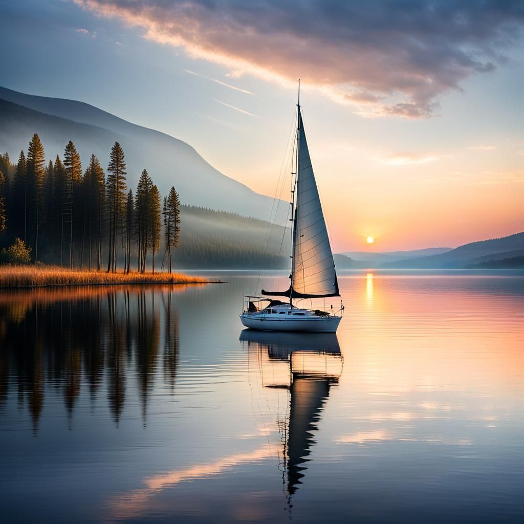 Sailboat Drifts on Calm Lake at Sunrise