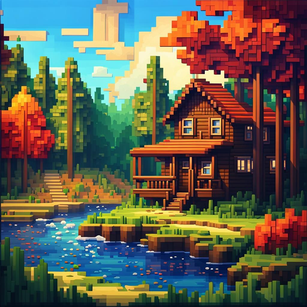 A minecraft like landscape with block and pixelated features...