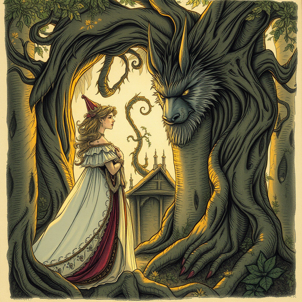 Prince and Beast in Arthur Rackham Style