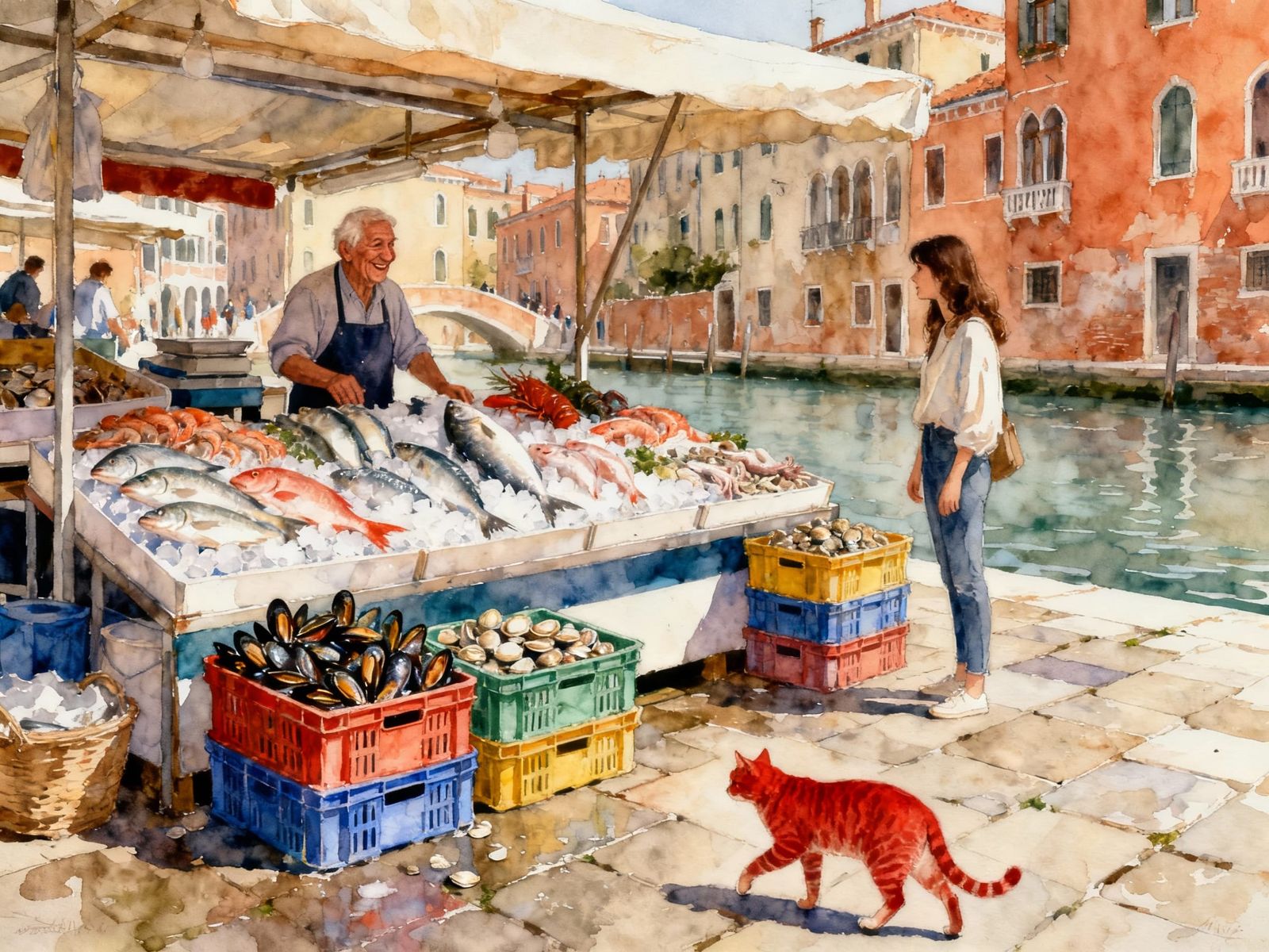 Watercolor Of Italian Fishmonger Stall With Cat