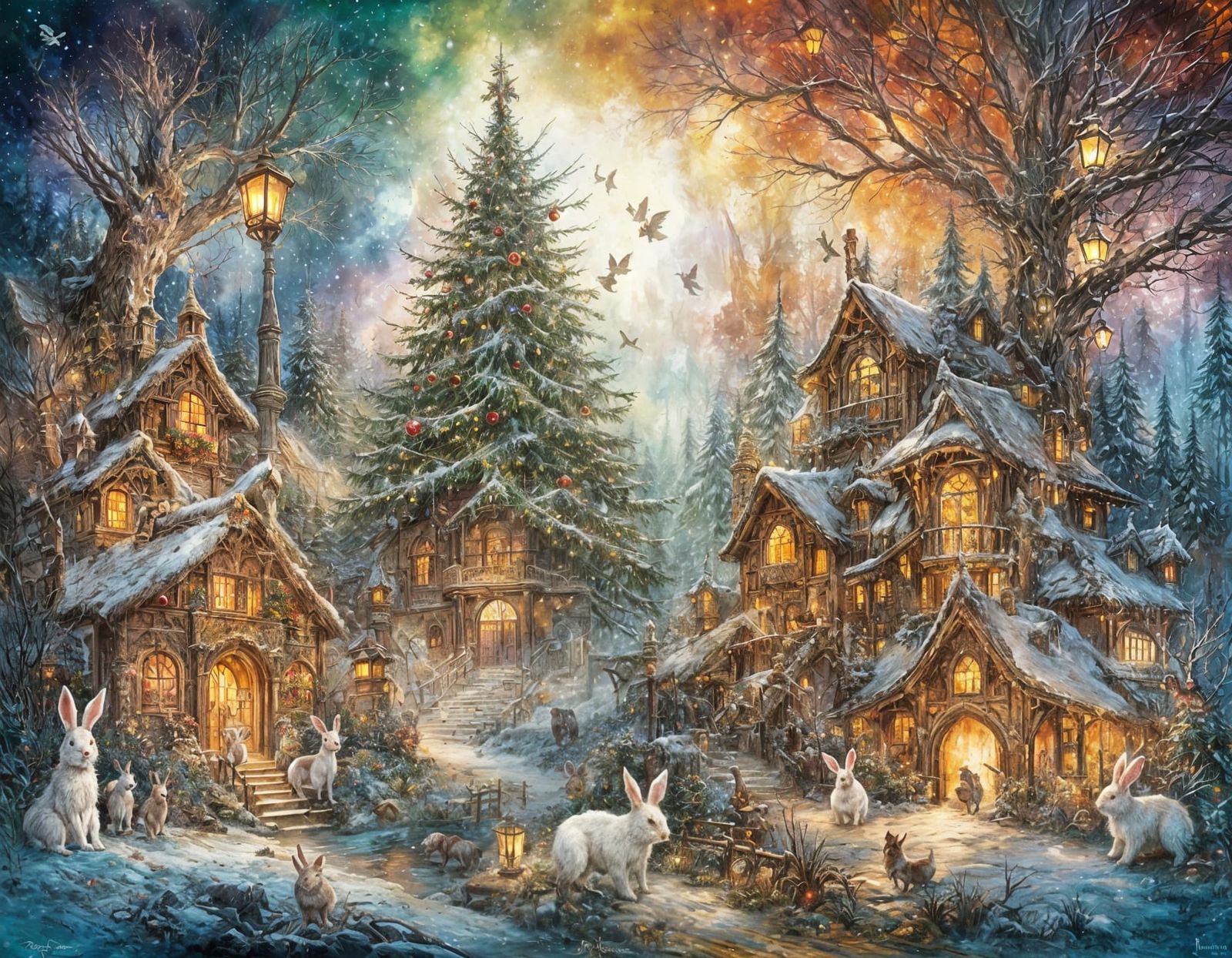 Cute Bunnies in Christmas Sweaters in Magical Forest