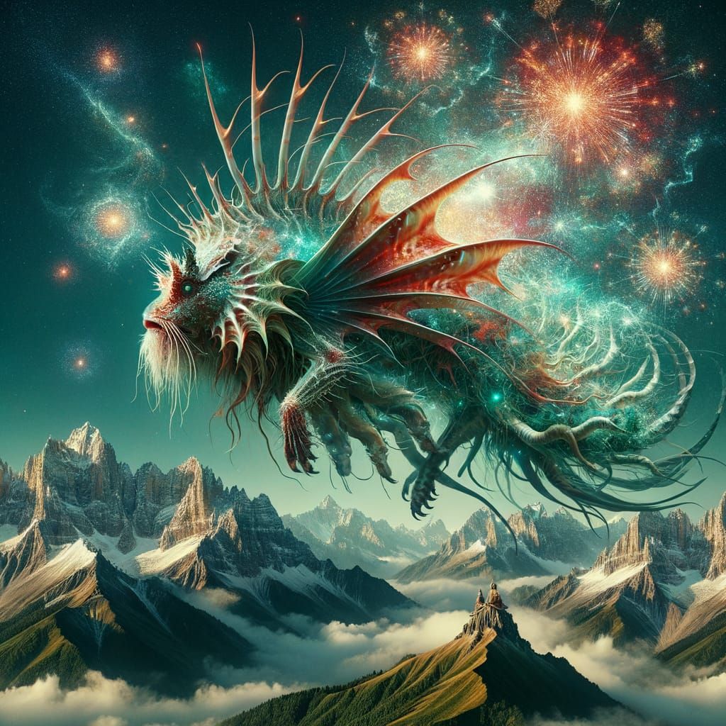 Lionfish-Scorpion Creature Soaring Above the Alps