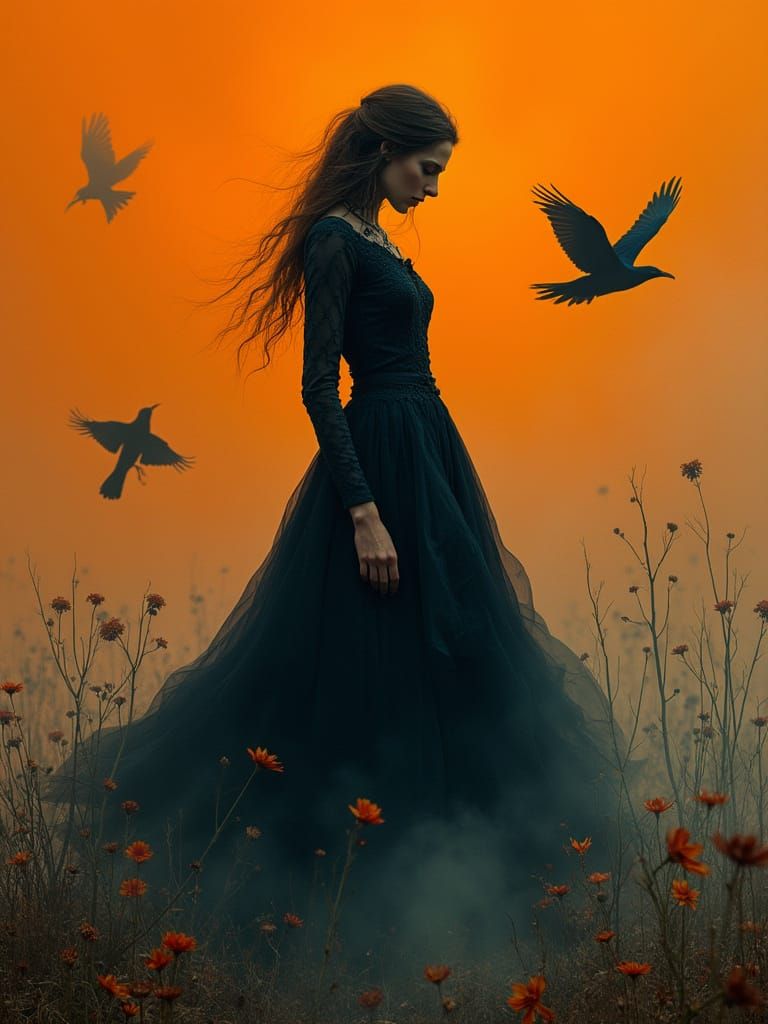 Macabre Woman with Crows in Ominous Orange Fog