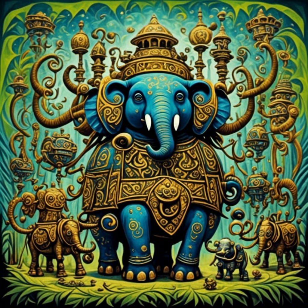 Elephants' Tea Party in a Jungle, Whimsical Art
