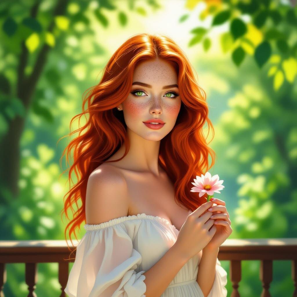 Impressionist Portrait: Woman on Balcony Overlooking Forest