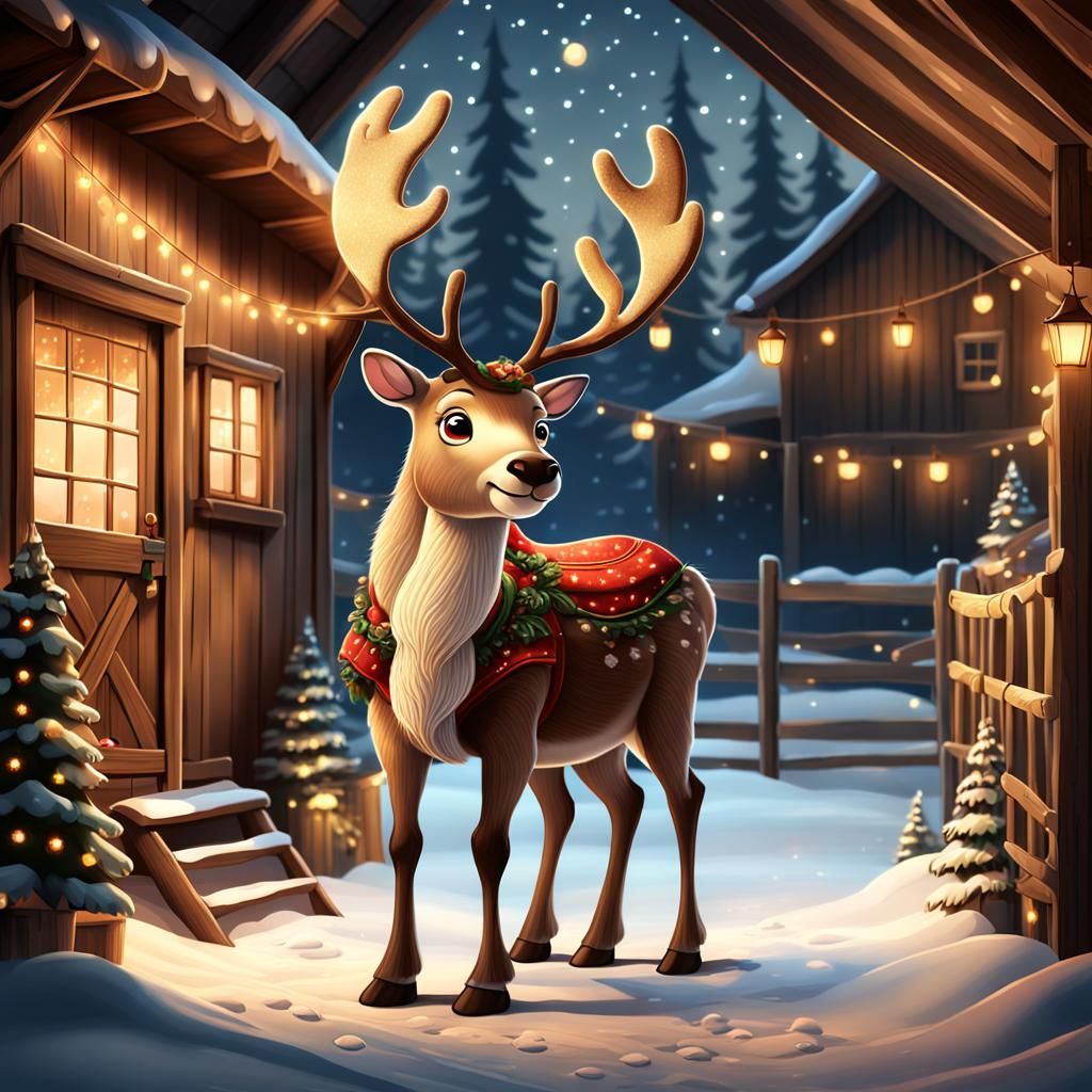 Whimsical Cartoon Reindeer in Cozy Barn Scene