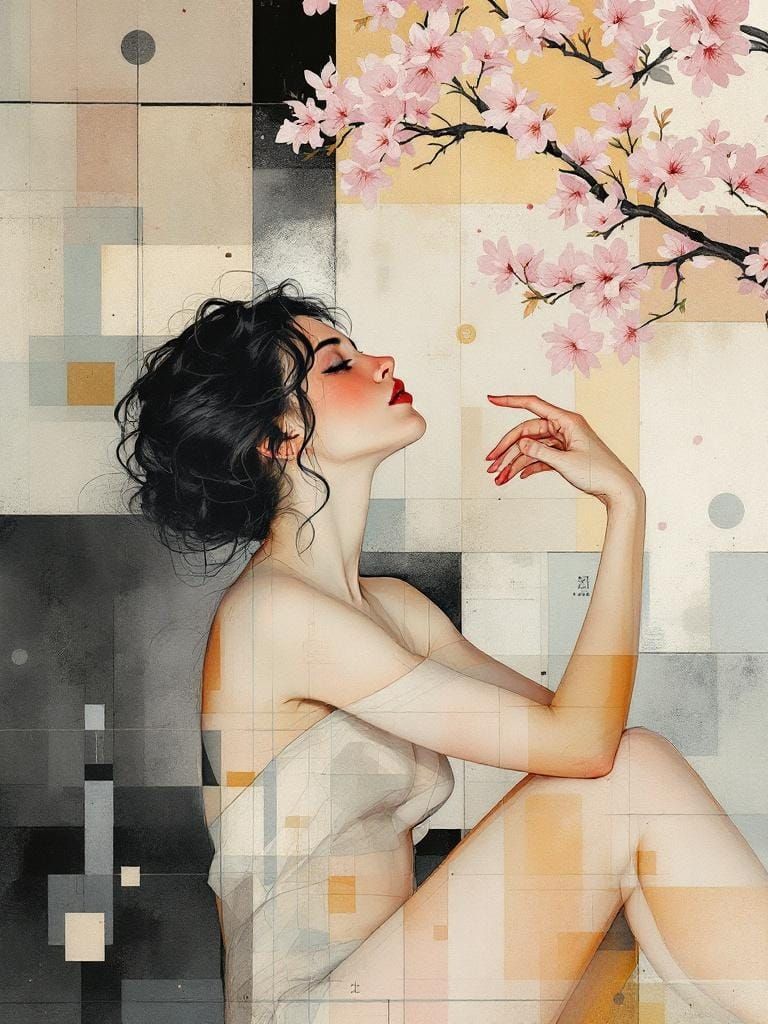 Vintage Pin-Up in Dramatic Chiaroscuro with Geometric Patter...