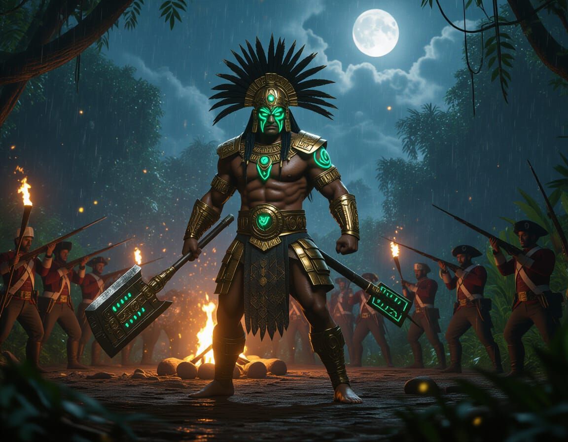Aztec Warrior Confronts Colonial Soldiers in Jungle