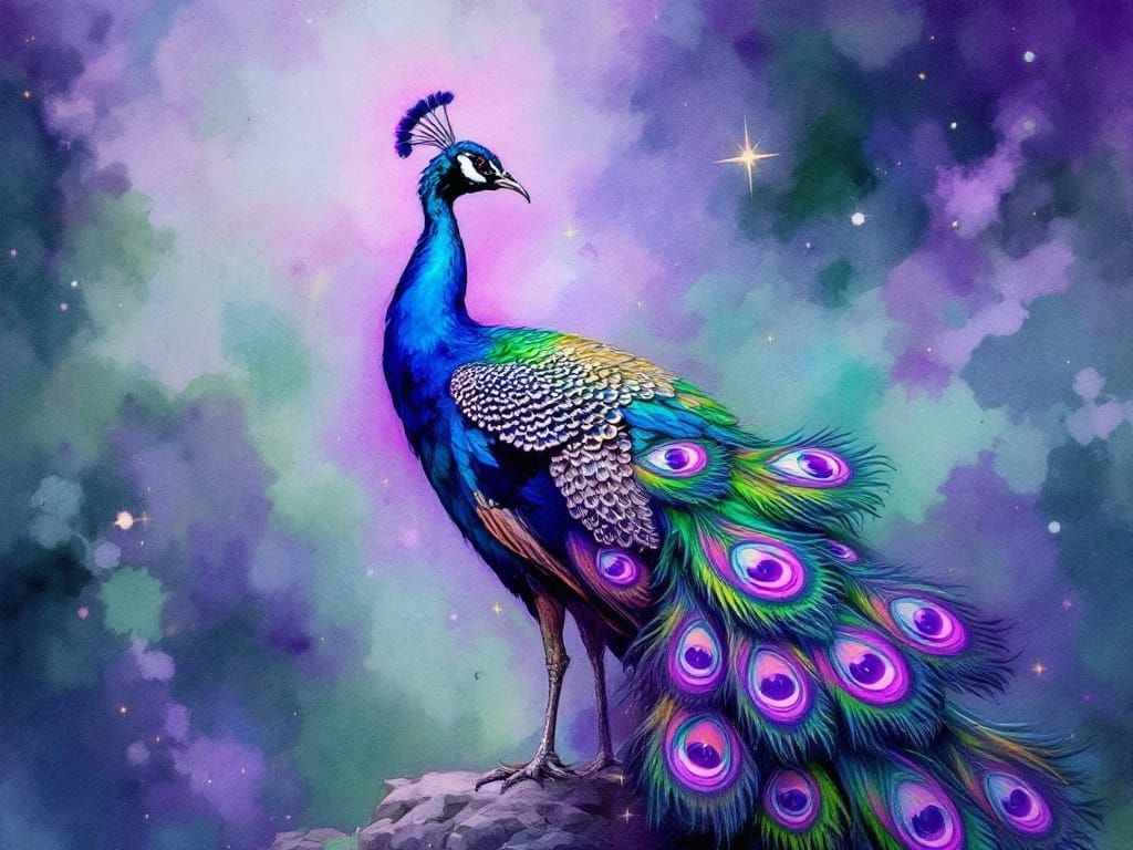 Ethereal Peacock Portrait in Watercolor Realism