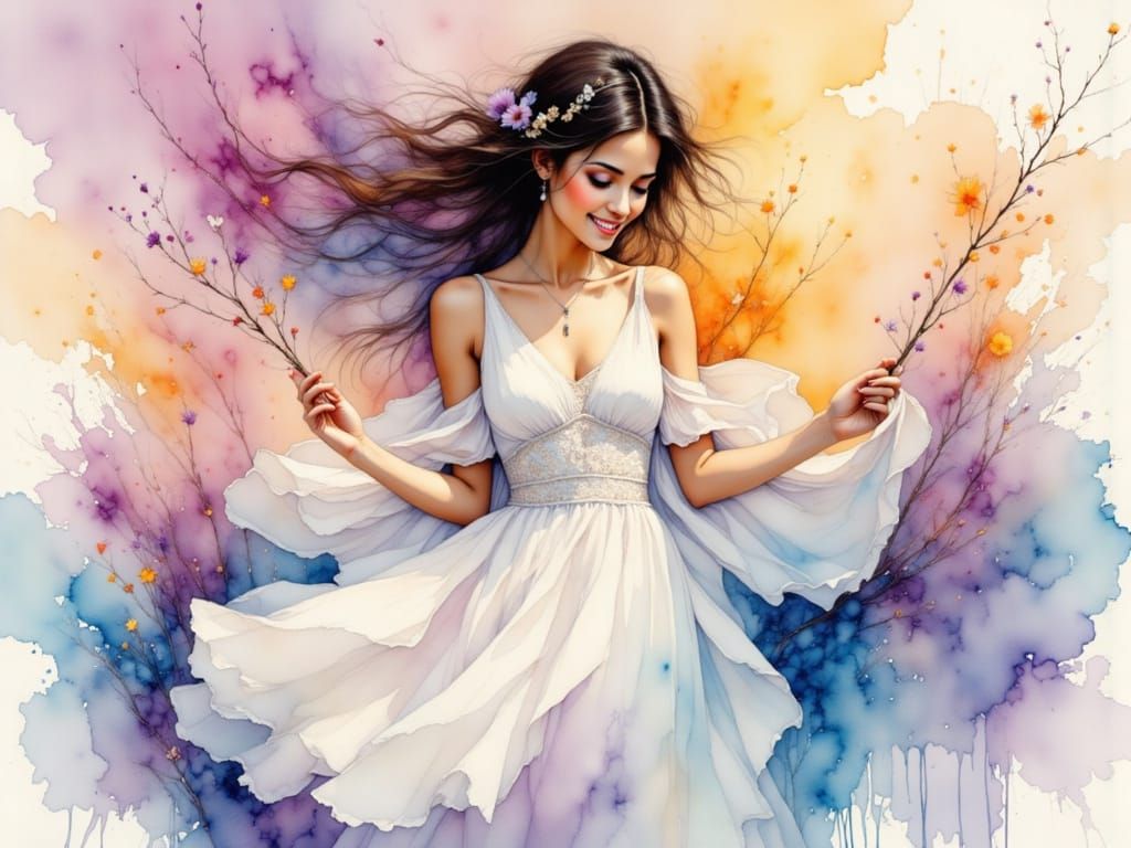 Ethereal Woman in Watercolor with Flowing Dress