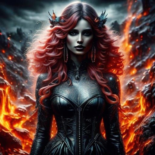 Dark Fantasy Fairy with Lava Tresses in Volcanic Landscape