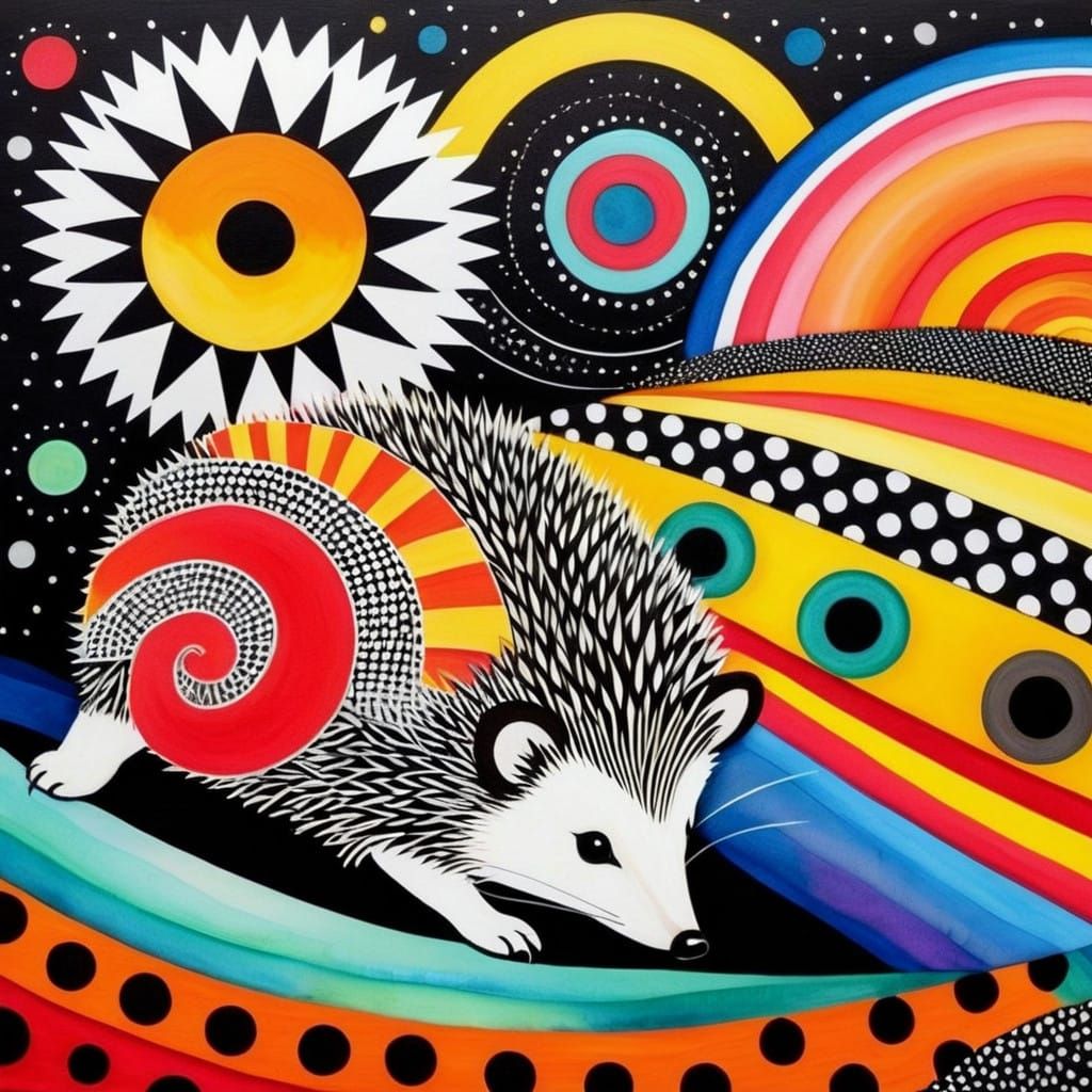 Cosmic Zentangle Hedgehog in Vibrant Geometric Landscape