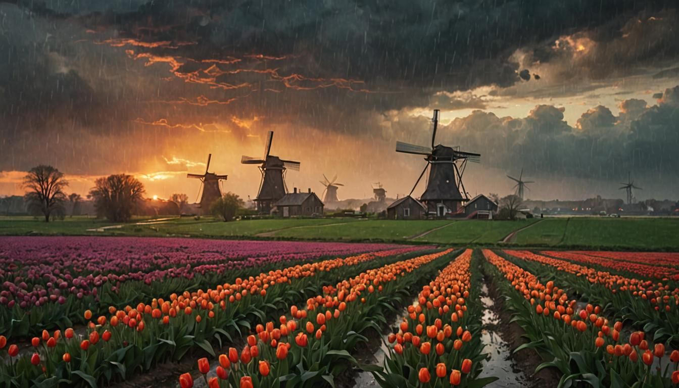 Glass Windmills in Tulip Field at Sunrise