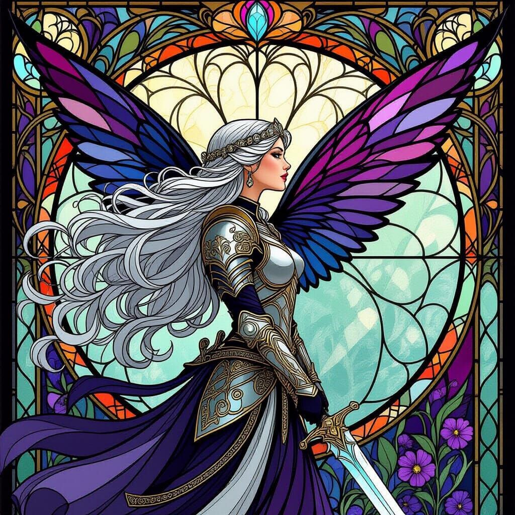 Medieval Warrior Fairy in Stained Glass Style