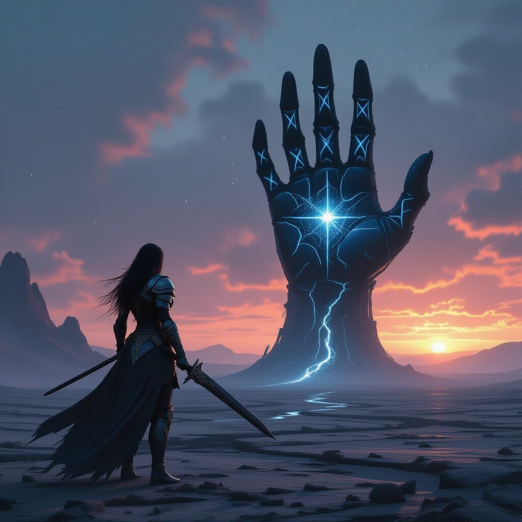 Warrior Woman Facing Apocalyptic Skeletal Hand