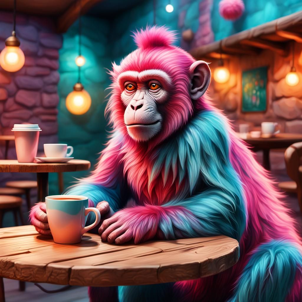 Pink Monkey Enjoying Coffee: Fantasy Concept Art
