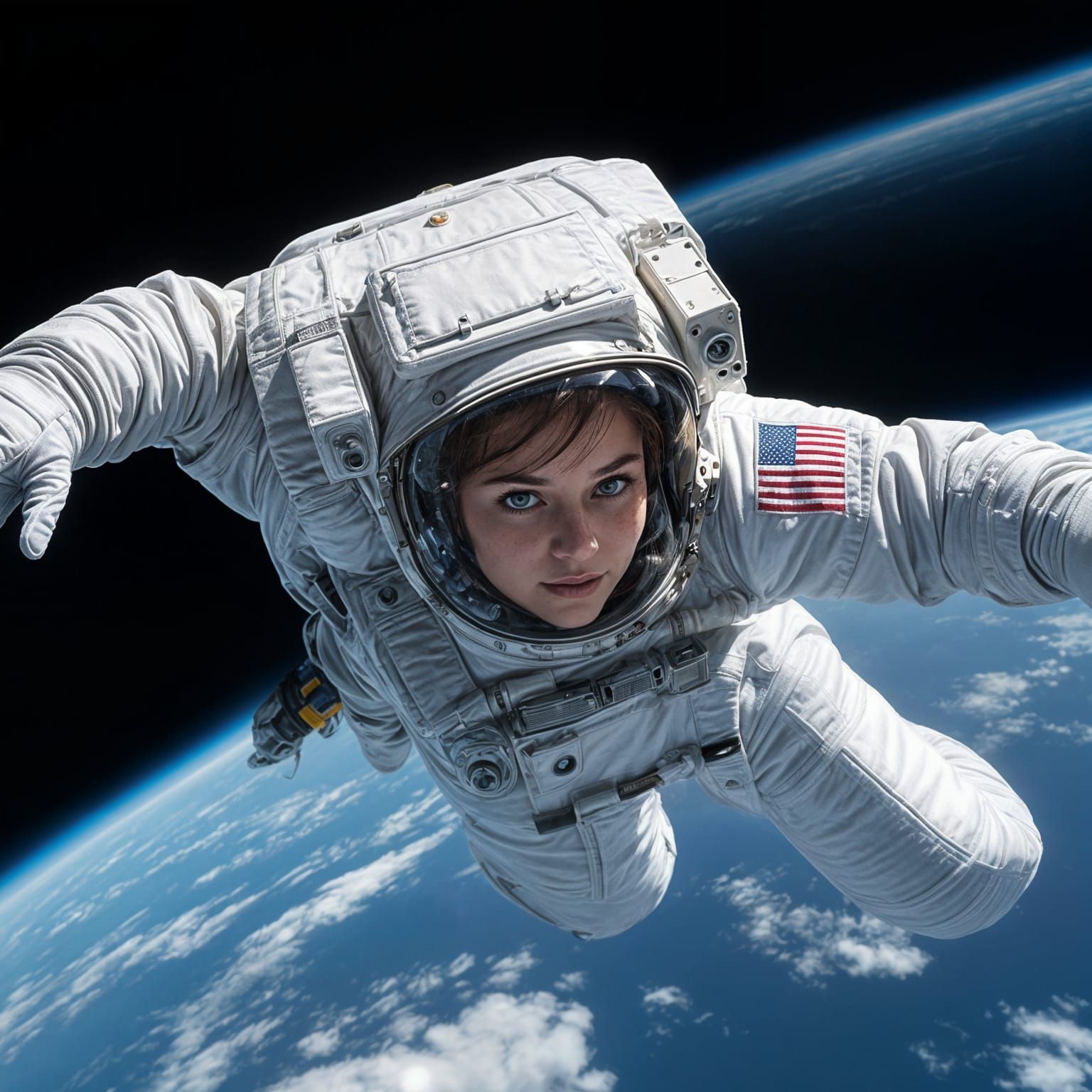 Beautiful Female Astronaut Floating in Space