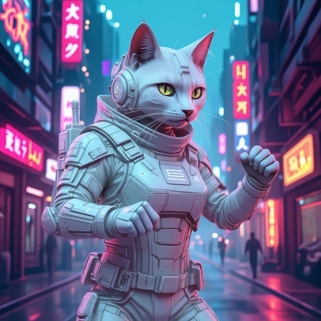 Cyberpunk Cat Assassin in Futuristic World