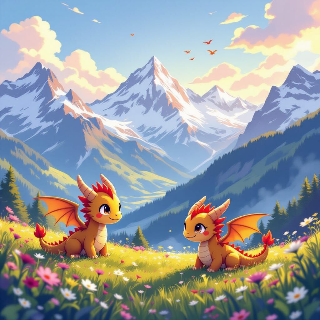 Chibi Dragons Play in Vibrant, Ghibli-Inspired Swiss Alps