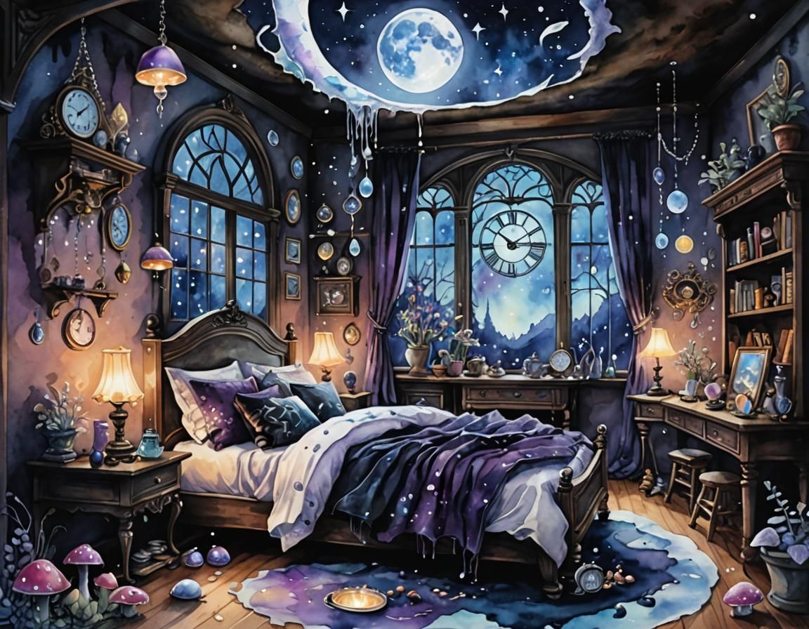 Pagan Home with Crescent Moon in Watercolour Style