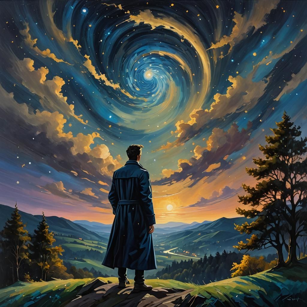 Figure Under Starry Night Sky as Oil Painting
