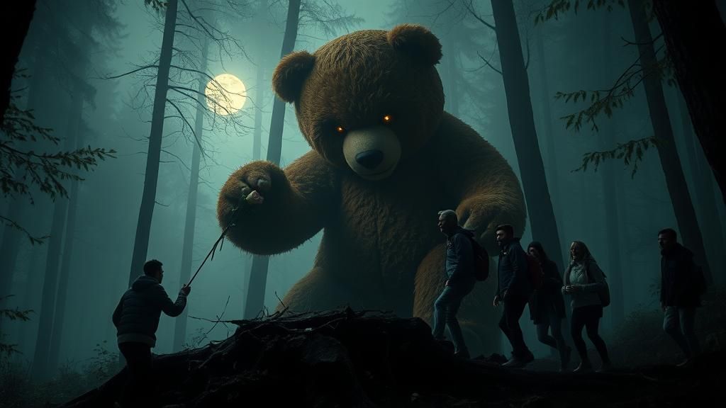 Giant Teddy Bear in Foggy Forest: Ultra-Realistic Scene