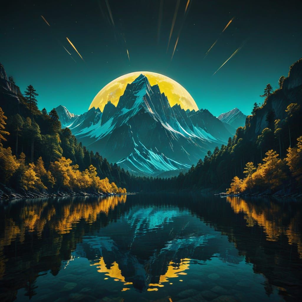 Geometric Moonlight Landscape in Pop Art Style