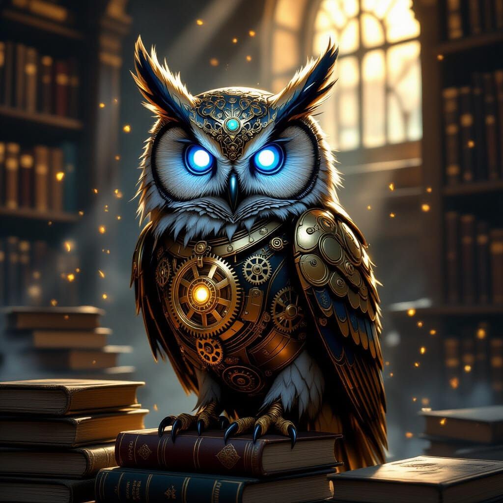 Steampunk Mechanical Owl in Dusty Library