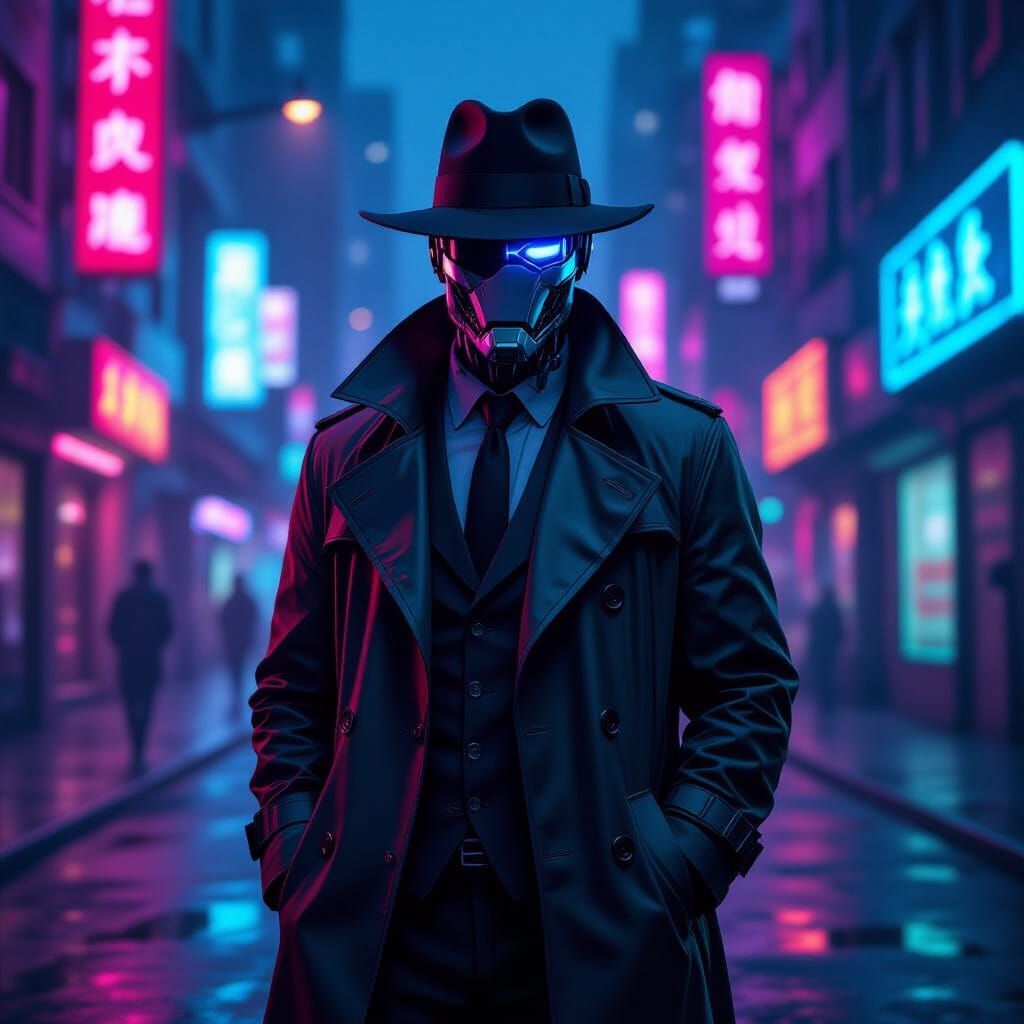 Cyborg Detective in Futuristic Noir City Portrait
