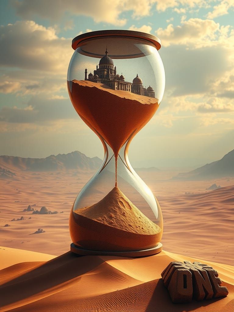 Surreal Desert Odyssey: Hourglass with Dune Worm Emerge
