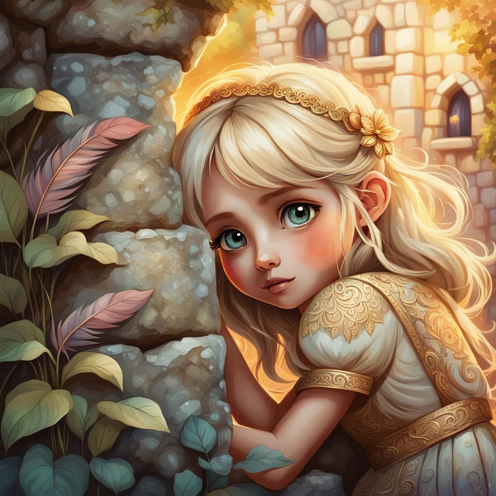Shy Girl Peeking From Wall: Whimsical Fantasy Art