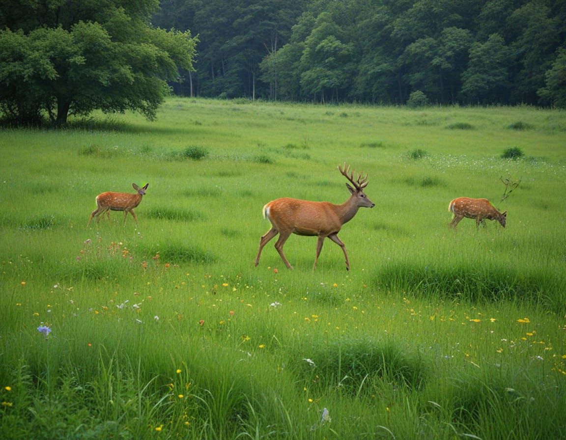 Lush Summer Meadow with Grazing Deer
