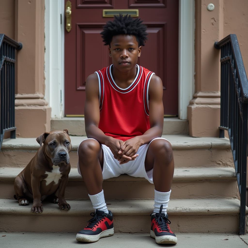 African American Teen in Red Basketball Jersey, Sitting on B...
