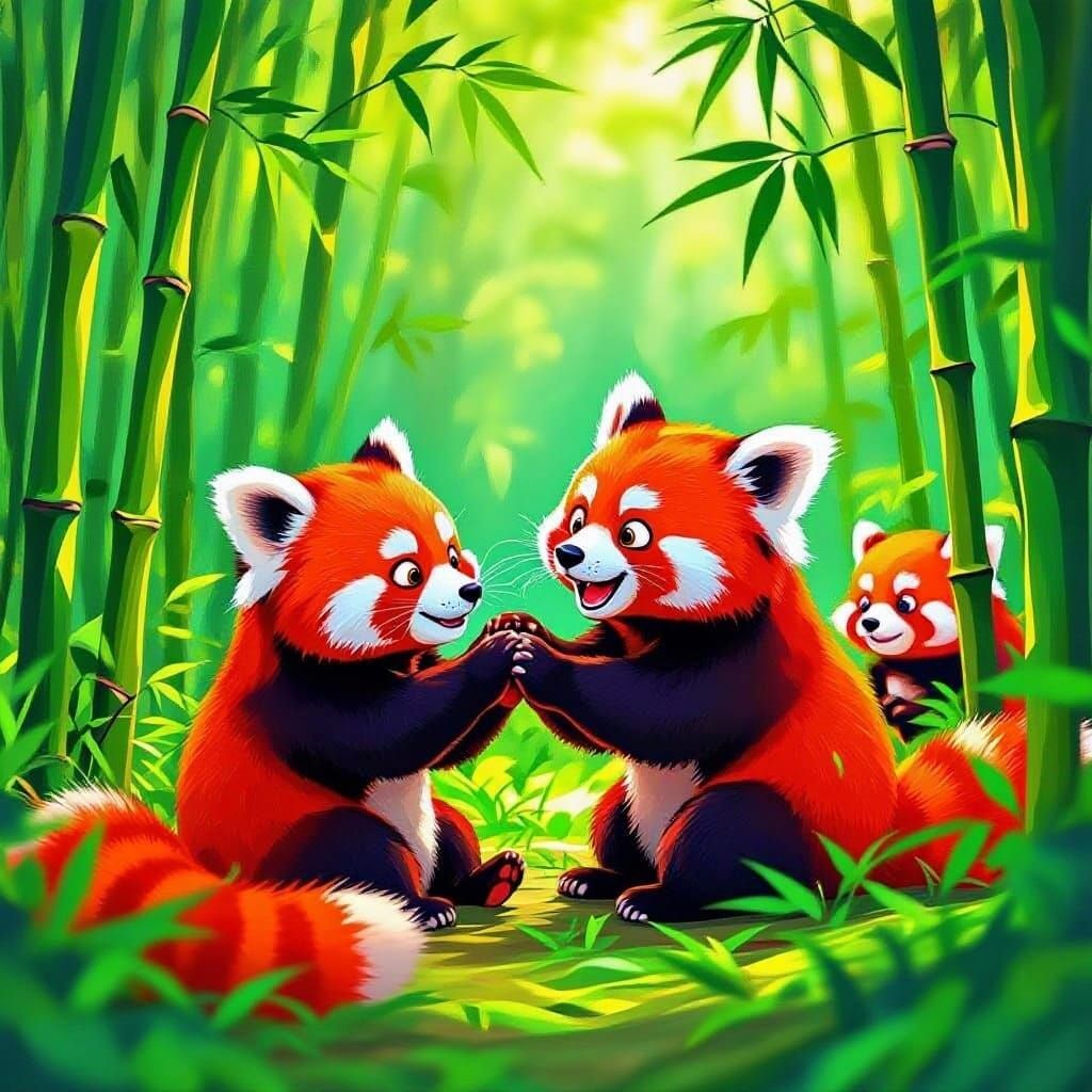 Playful Red Panda in Lush Bamboo Forest