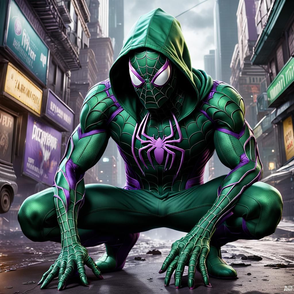 Green Hooded Spider-Man Venom: Detailed Matte Painting