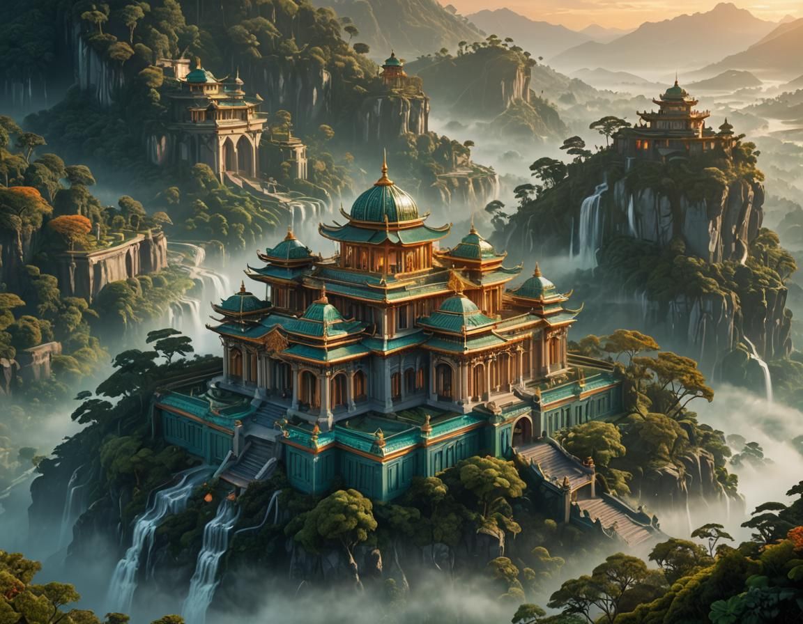 Misty Sunrise Over Intricately Carved Palace