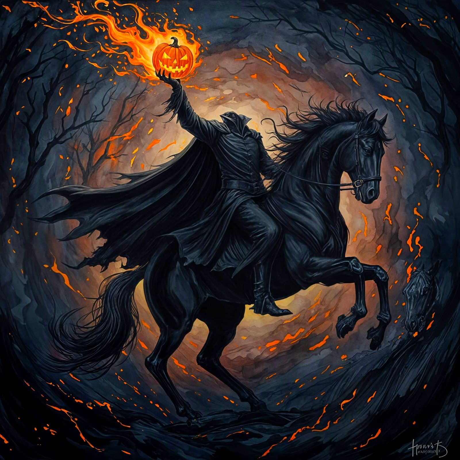 Headless Horseman on Black Stallion, Alcohol Ink Art