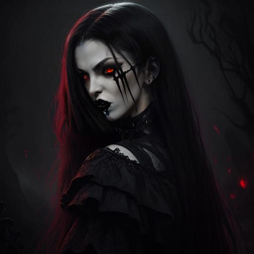 Gothic Vampire with Velvet Black Dress and Chiaroscuro Light...