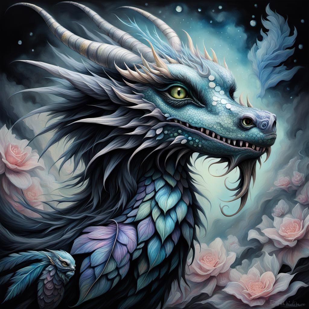 Surreal Pastel Dragon on Feather, Gothic Fantasy