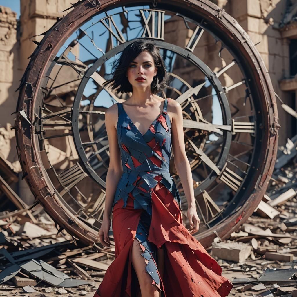 Model in Red Gown Before Shattered Clock