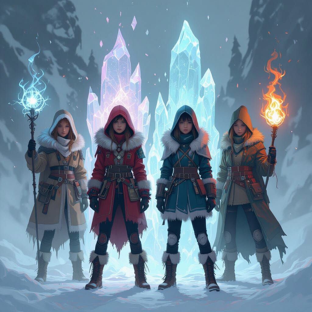 Elemental Goddesses Amidst Icy Mist, Fantasy Art