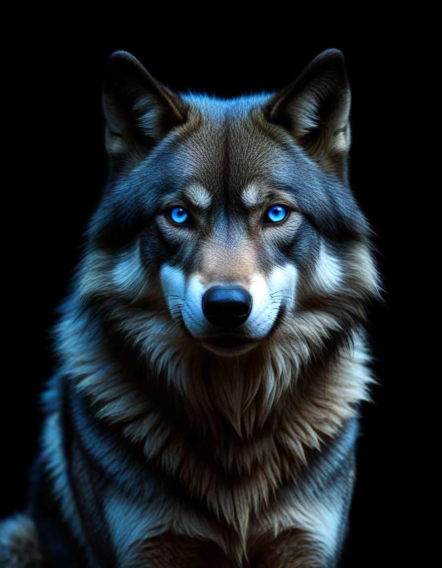 Majestic Grey Wolf Silhouette with Cobalt Eyes
